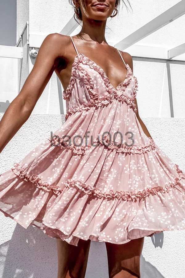 Casual Dresses Spaghetti Strap Floral Sundress Women Lace Trim Mini A-Line Dress Summer Prairie Chic Lady Flared Ruffled Short Dress Summer J230619