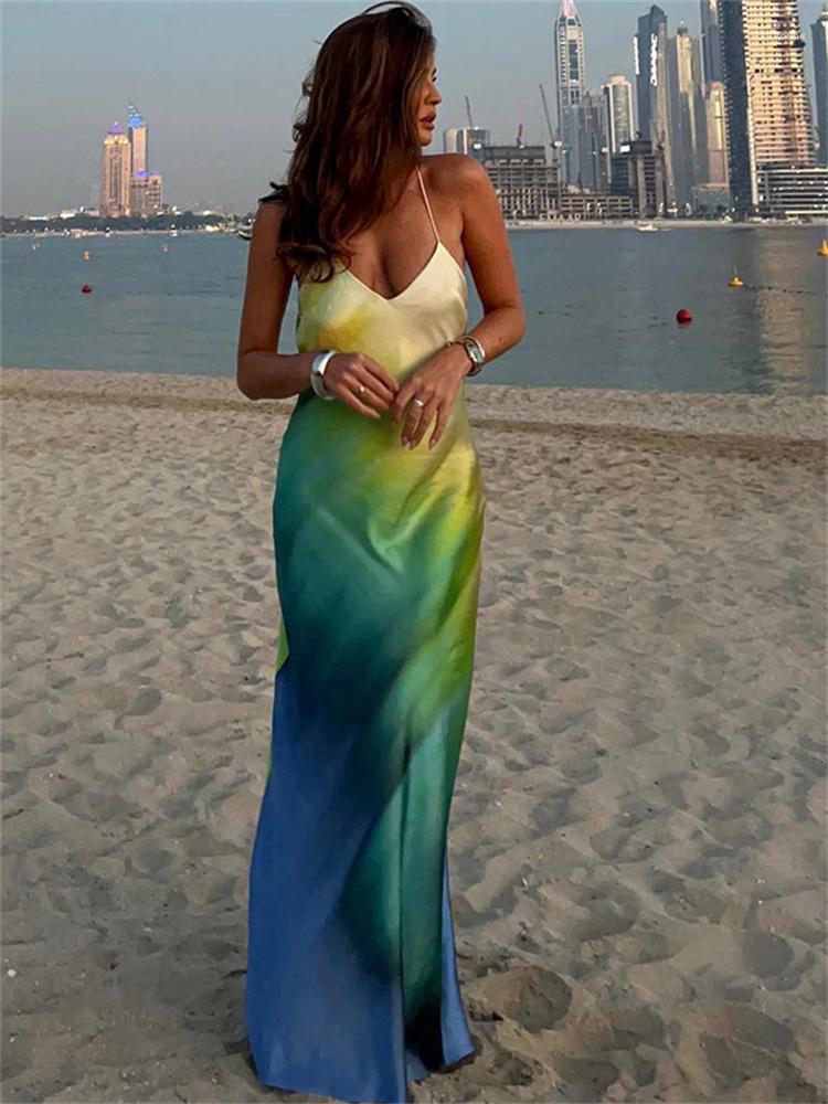 Tie Dye Satin Backless Maxi Casual Summer Beach Party Dress For Women Polyester - Multi Color B4