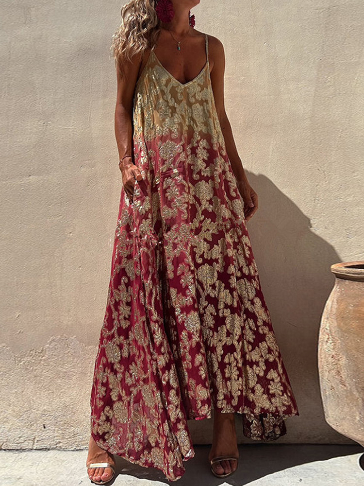 Basic Casual Dresses Spring Summer Patchwork Pockets Bohemian Lady Dress Women V Neck Sleeveless Party Club Chic Print Maxi Vestido 230619