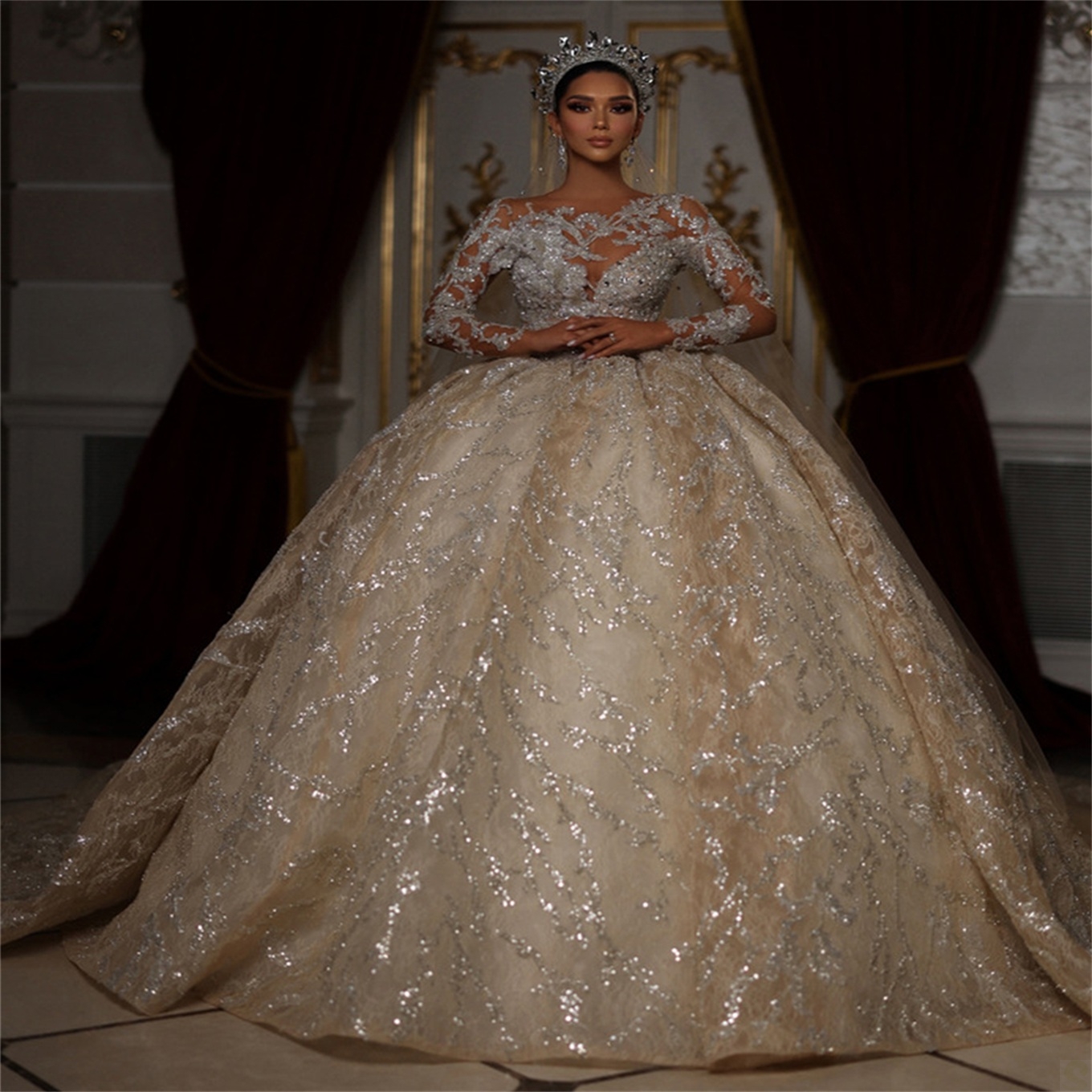 Ful Wedding Dresses For Women Champagne Glitter Sequins Appliques Long Sleeve Bride Gowns Ball Gown Robe De Mariee