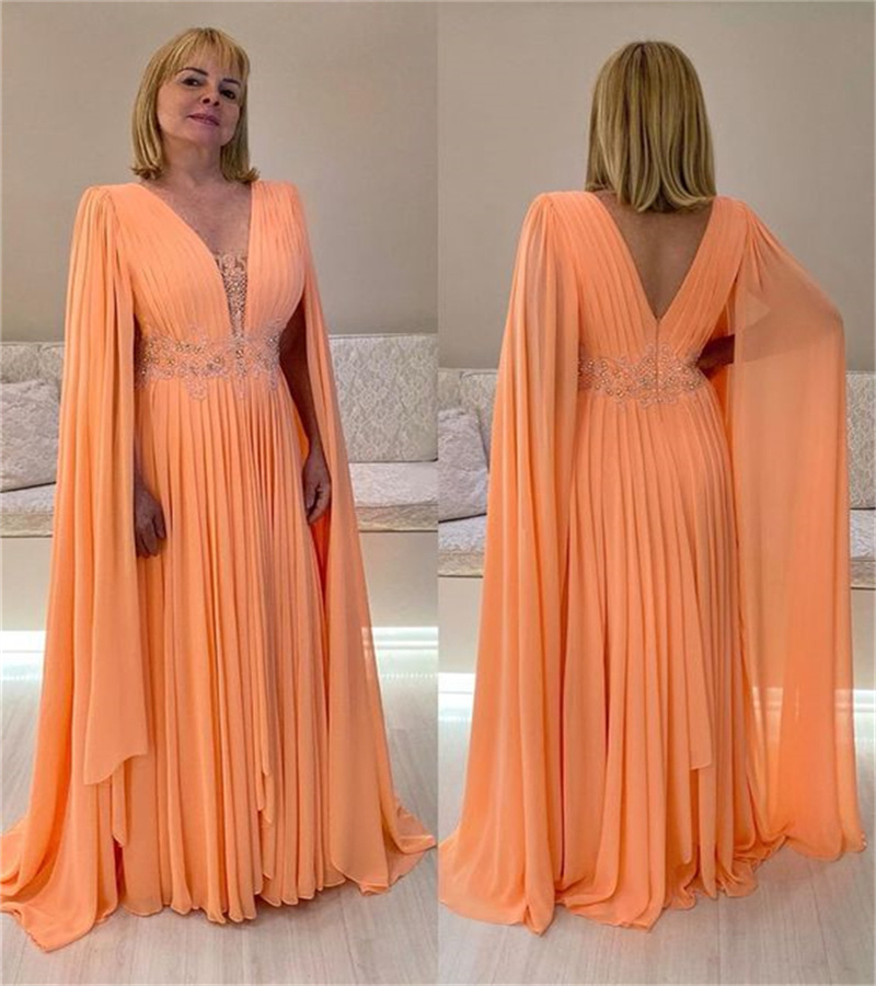 Plus Size Orange Mother Of The Bride Dresses V Neck Caftan Dubai Arabic Mom Evening Formal Dress Chiffon Lace Wedding Guest Wear Formal Occasion Party