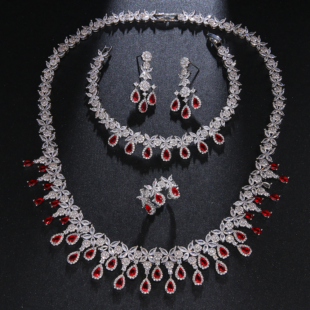 Pins Brooches AMC 4 Pcs Brilliant Cubic Zirconia Necklace Set Earrings Ring CZ Light Drop Bridal Wedding Jewelry Sets 230619