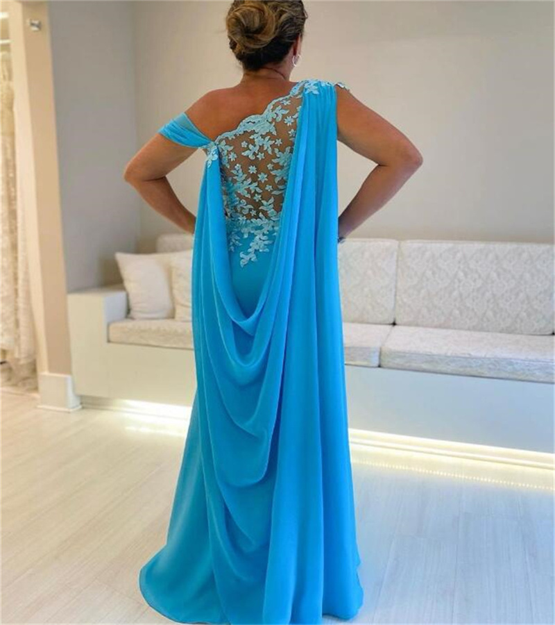 Stunning Blue Mother Of The Bride Dress 2023 Elegant One Shoulder Lace Groom Mom Evening Party Dresses Luxury Arabic Abaya Prom Formal Occasion Party 