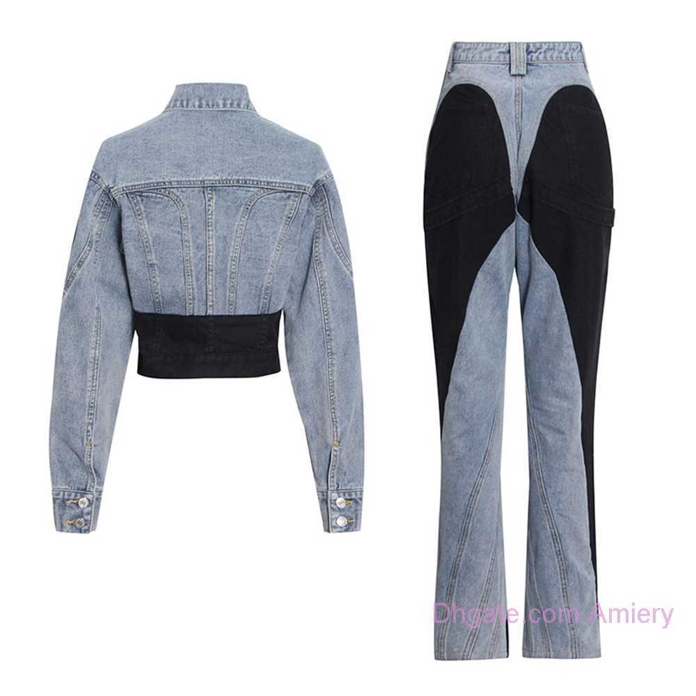 Women Jeans Pants Suit 2023 Tracksuits New Black And White Patchwork Short Denim jacket And High Waist Straight Leg pants Two Piece Set