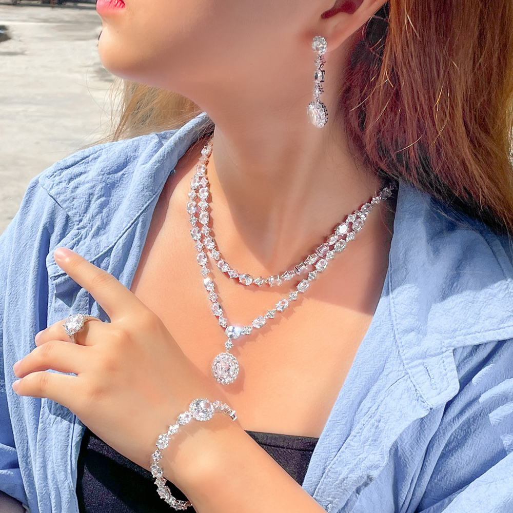 Pins Brooches ThreeGraces 4pcs Elegant Geometric Cubic Zirconia Bohemian Two Layers Necklace Bridal Wedding Party Jewelry Set for Women TZ721 230619