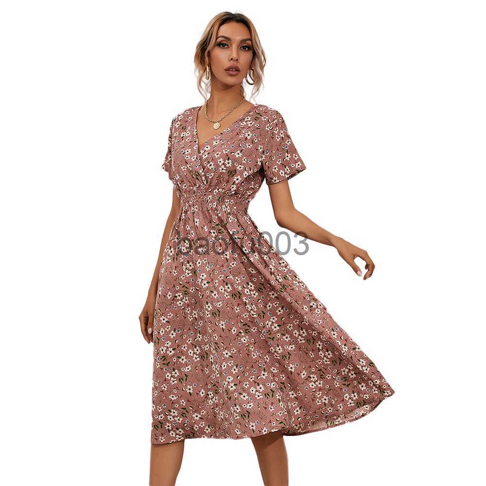 Casual Dresses Elegant Printed Casual Beach Midi Dresses Women Summer V-neck Short Sleeve Empire Waist A-Line Dress Sundress Vestido Robes 9966 J23061