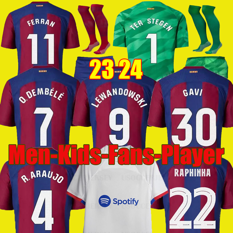 

2023 2024 Camisetas de football soccer jerseys LEWANDOWSKI PEDRI GAVI 23 24 FC ANSU FATI FERRAN RAPHINHA barcelona DEST football shirt men barca kit kids equipments, 23 24 away adult