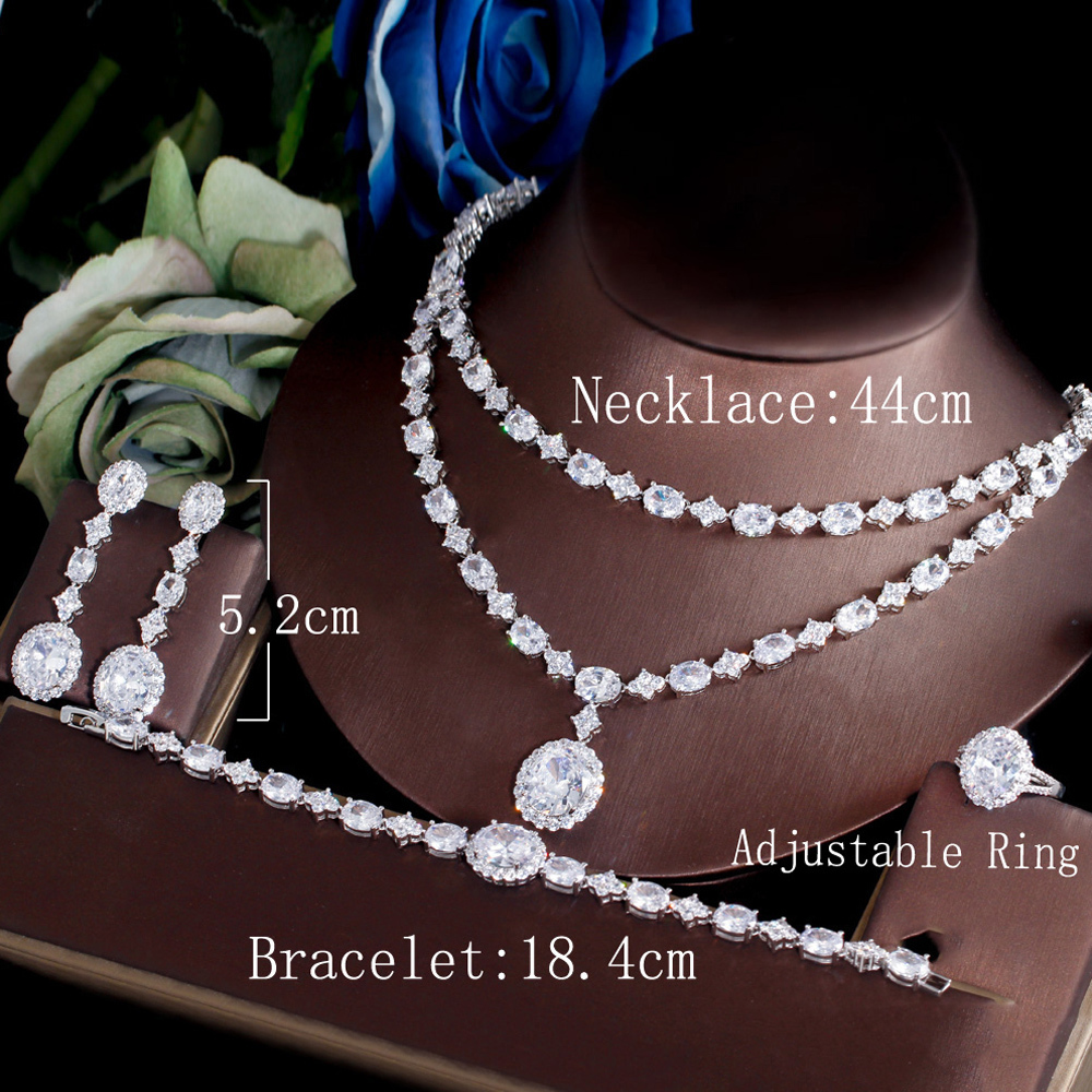 Pins Brooches ThreeGraces 4pcs Elegant Geometric Cubic Zirconia Bohemian Two Layers Necklace Bridal Wedding Party Jewelry Set for Women TZ721 230619