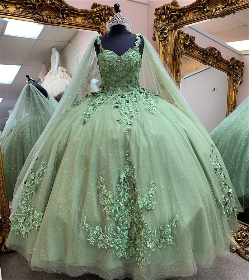 Luxury Green Quinceanera Dresses 2023 With Florals Sparkle Sequin Birthday Dress Elegant Dubai Cape Prom Dress Beaded Sweet 16 Party XV Debutante Vest