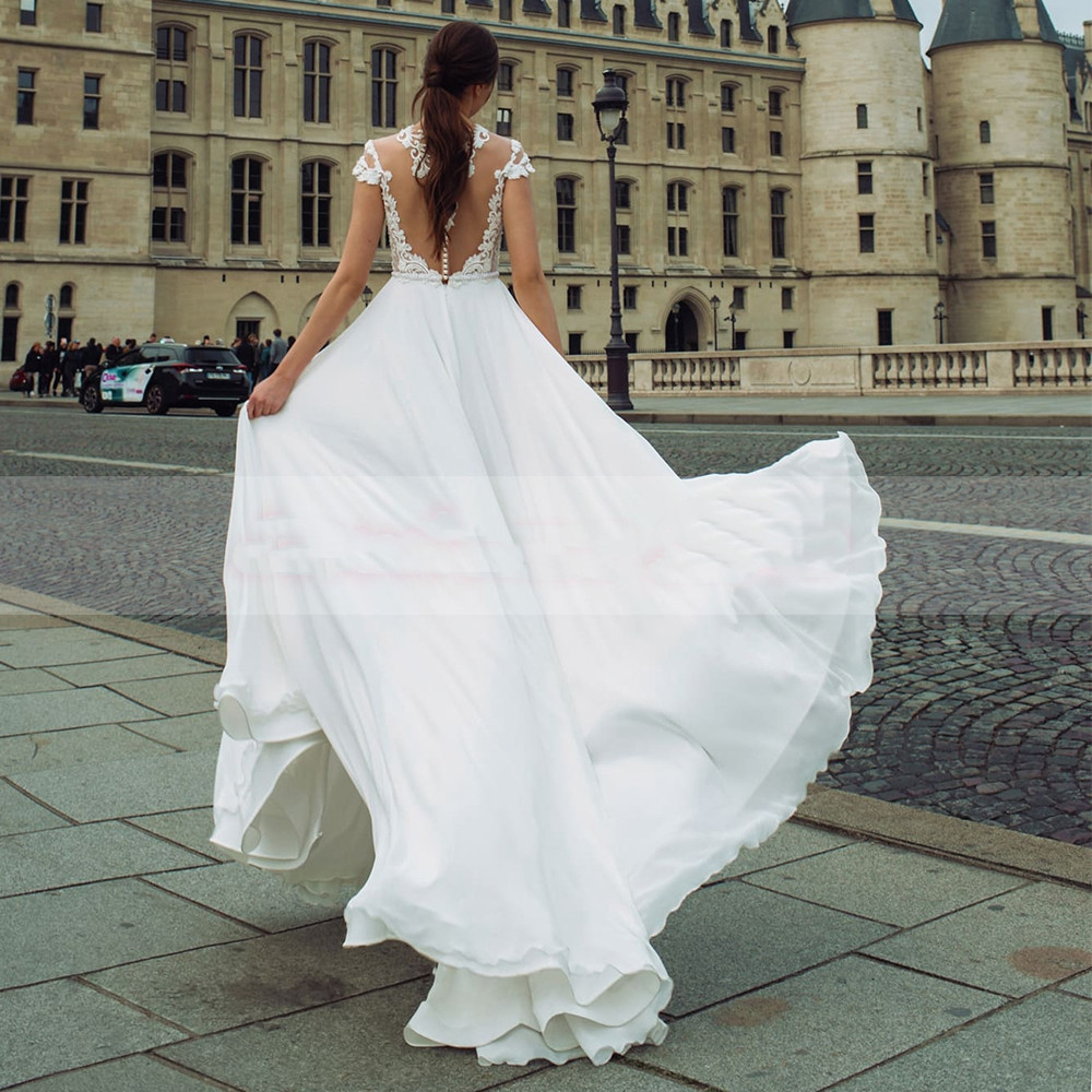 Graceful Chiffon Side Split Wedding Dresses Appliques Cap Sleeves Buttons Back Floor Length Beach Bridal Dress