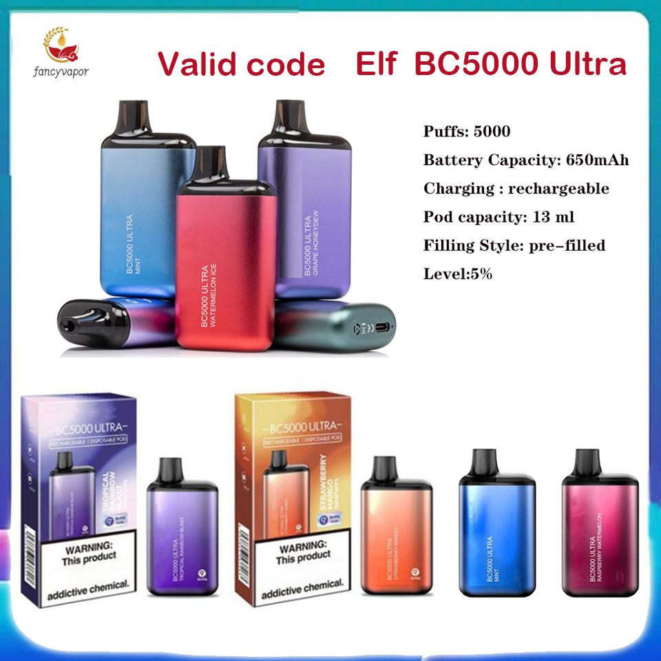 Elf BC5000 Ultra Disposable E-cigarettes Vape bc 5000 puff 650mah Battery 5% 13ml Prefilled Pod Mesh Coil Pens E Cigs Bar box Device Puff 5000 bars Free Duty
Elf BC5000 Ultra Disposable E-cigarettes Vape bc 5000 puff 650mah Battery 5% 13ml Prefilled Pod Mesh Coil Pens E Cigs Bar box Device Puff 5000 bars Free Duty