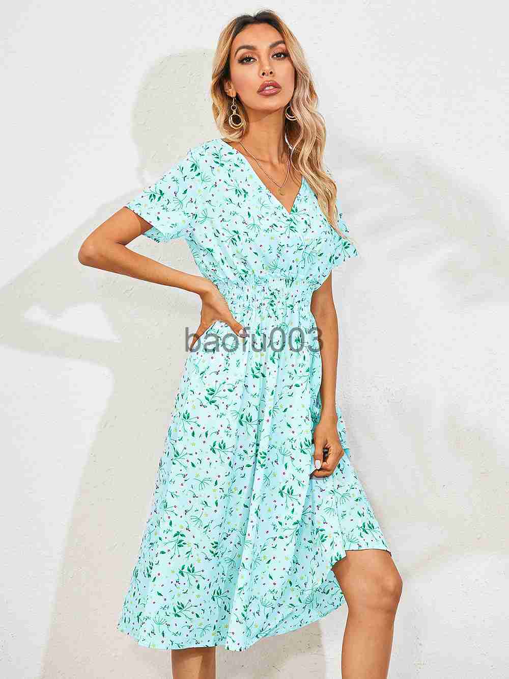 Casual Dresses Elegant Printed Casual Beach Midi Dresses Women Summer V-neck Short Sleeve Empire Waist A-Line Dress Sundress Vestido Robes 9966 J23061