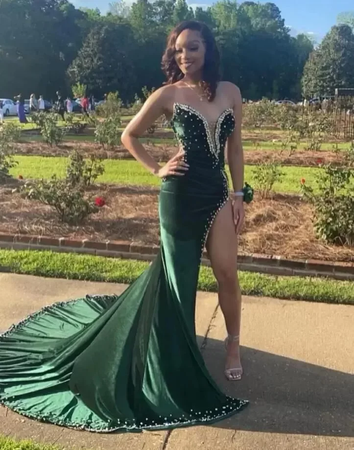 Prom Mermaid Dresses Beaded Plunging Neck Side Split Veet Rhies Stunning Gowns Sweep Train Plus Size Formal Wear BC