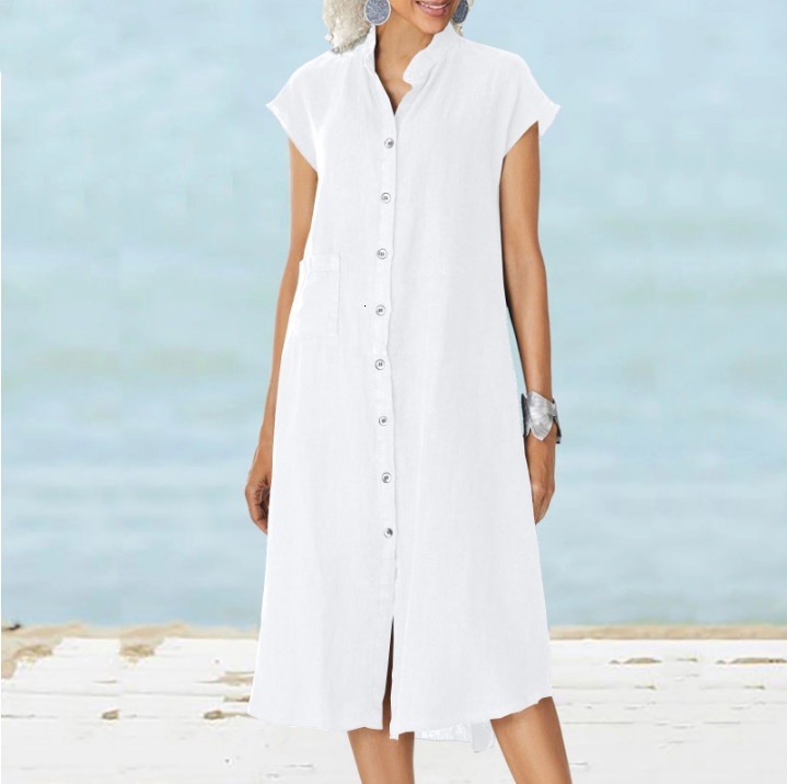 Basic Casual Dresses Womens Buttondown Cotton En Loose Dress With Pocket Ladies Solid Buttoned Cover UP Shirt