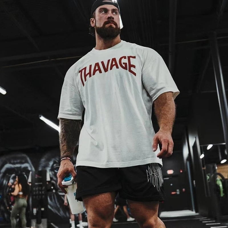Men's T-Shirts Fitness Thavage Shirt Men Sports Loose Oversized T-shirt Short Sleeve Cotton Summer Men's Bodybuilding Workout Top Men's