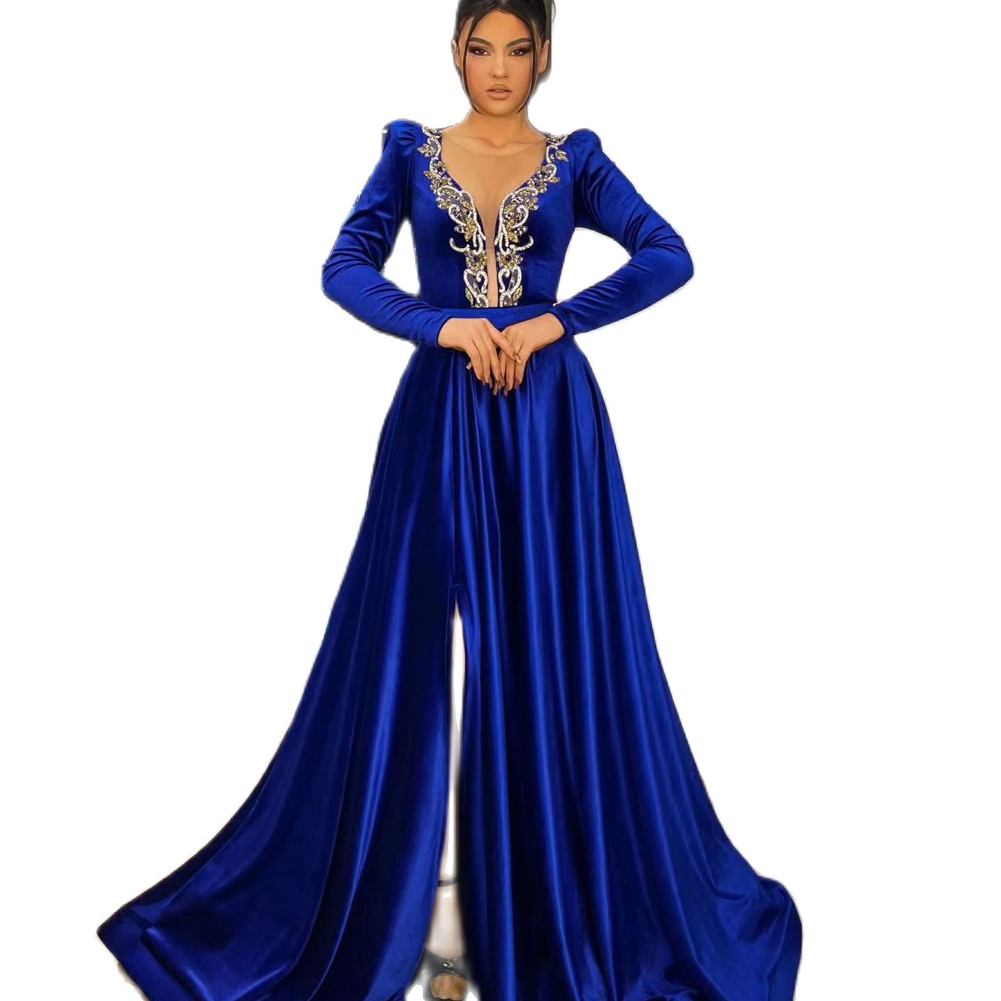 Royal Blue Velvet Mermaid Evening Dress Gold Beading Sheer Neck Long Sleeve Prom Gowns Side Split Special Occasion Dresses