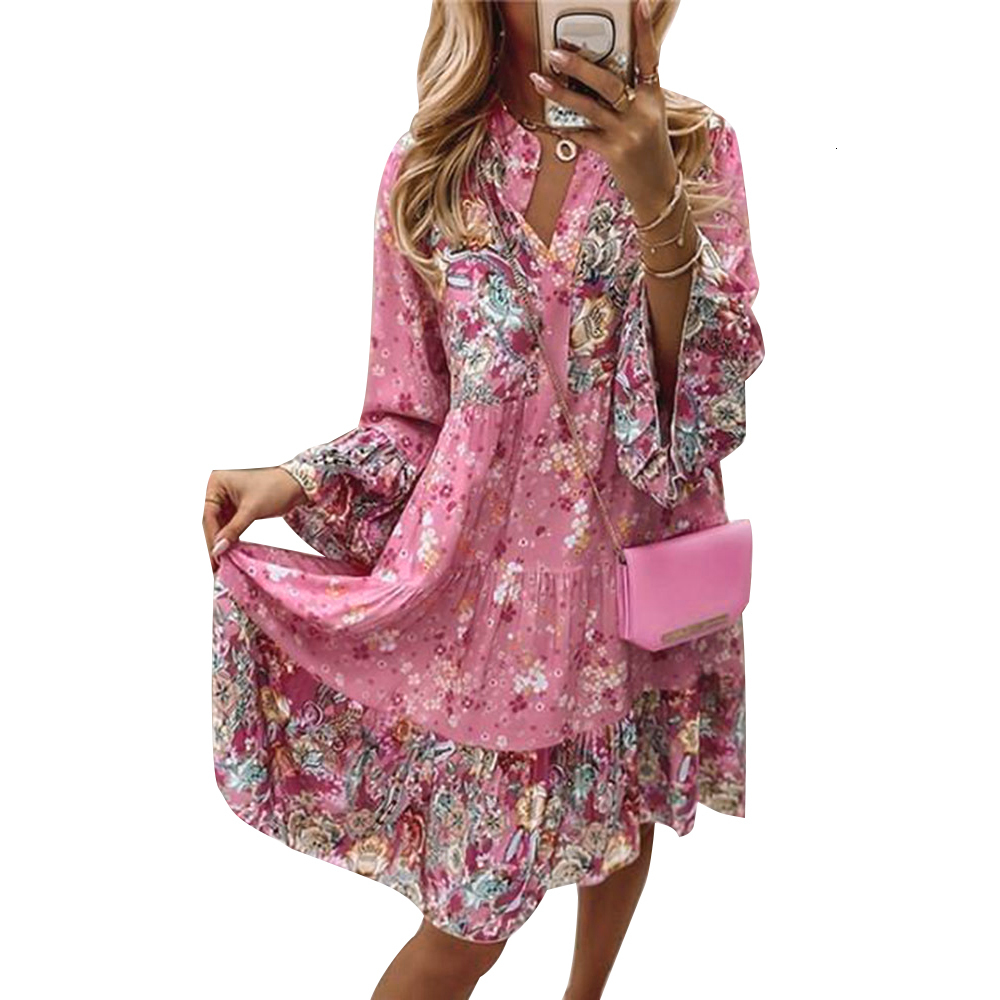 Basic Casual Dresses Womens Ladies Summer Smock Long Sleeve Floral Dress Holiday Beach Mini Loose Frill Spring VNeck Sundress For Women 230619