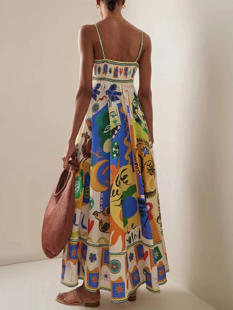 dress basic casual dresses elegant print colorful long dress women high waist spaghetti straps backless sexy aline ladies summer beach vaction robe de
