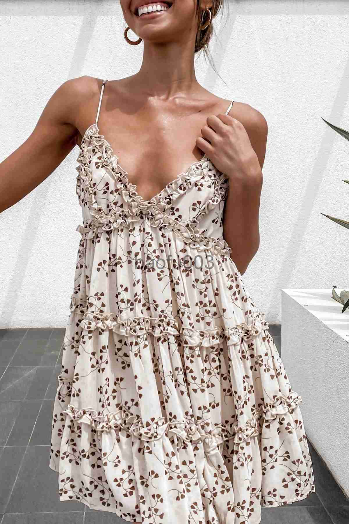 Casual Dresses Spaghetti Strap Floral Sundress Women Lace Trim Mini A-Line Dress Summer Prairie Chic Lady Flared Ruffled Short Dress Summer J230619
