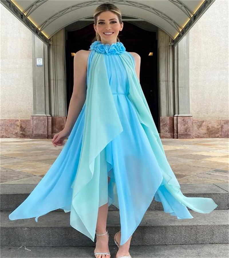Contrast Blue Maxi Evening Dress 2023 Elegant High Neck Chiffon Flower Collar Boho Prom Dresses Chic Beach Arabic Modest Formal Vestidos De Noche Duba