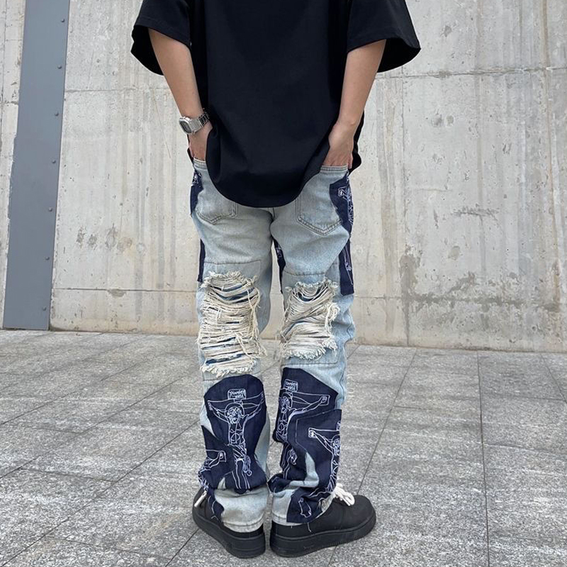 Men's Jeans Spring Y2K Men's Vintage Ripped Jeans Clothes Fashion Trousers Cross Splicing Streetwear Straight Baggy Trousers Pants For Men 2