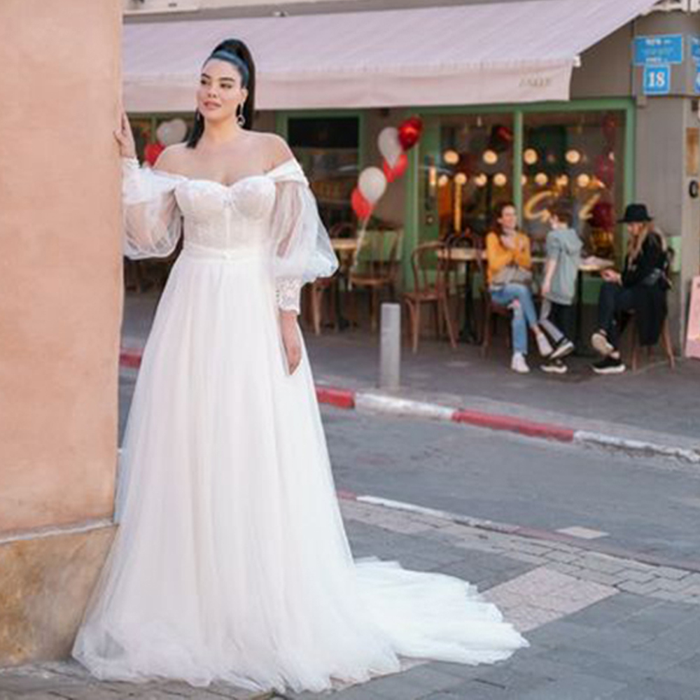 Chic Sweetheart Off The Shoulder Wedding Dresses Puffy Sleeve Backless A Line Bridal Gown Plus Size Bohemian Ruched Wedding Gown