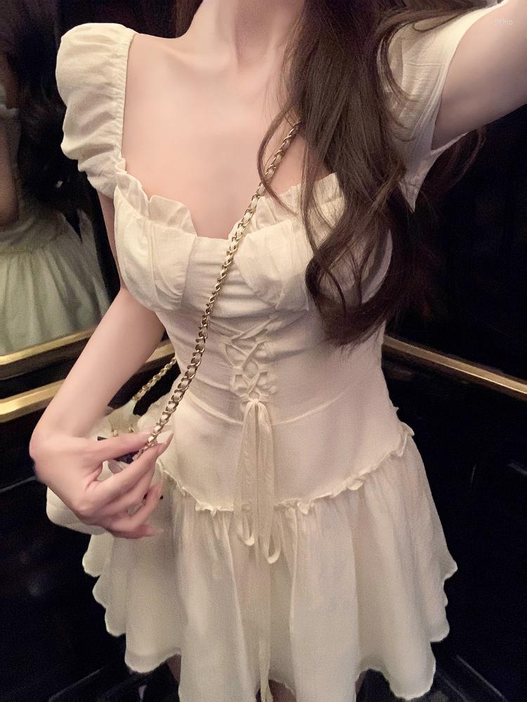Casual Dresses 2023 Summer Pure Color Y2k Mini Dress Women Fairy Puff Sleeve Short Party Korean Fashion Elegant Female Chic
