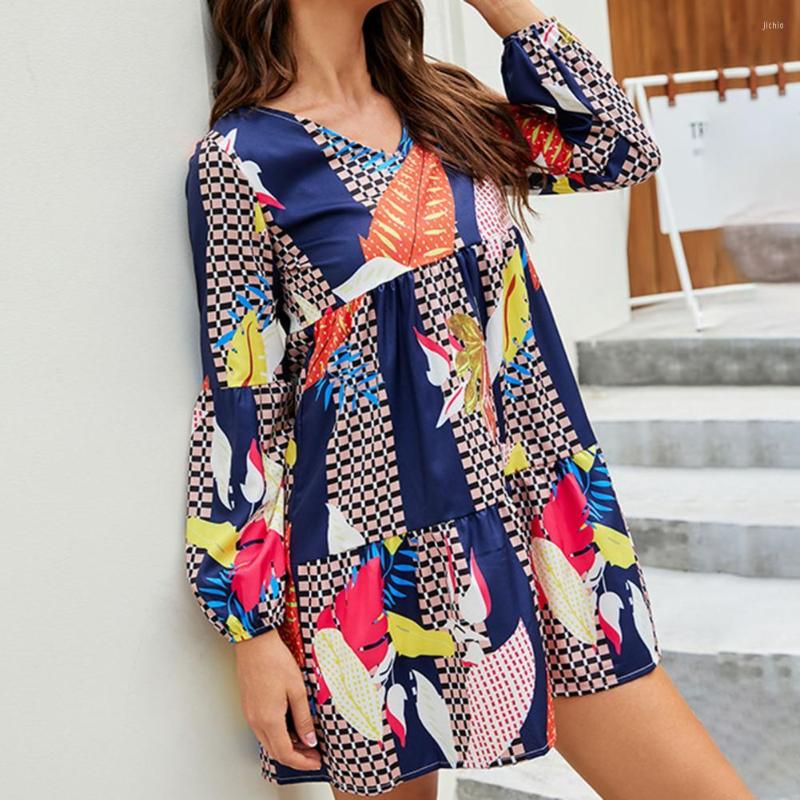 Casual Dresses Summer Dress 2024 Womens V-Neck Mid Rise Flowy Hem Mini Long Sleeve Leaf Print Women Ladies Clothing