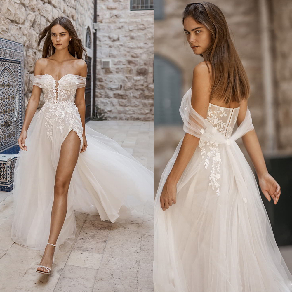 Chic Thigh High Slits Boho Wedding Dresses for Women Boat Neck Beach Bride Gown Lace A Line Tulle Vestido de Novia Robe De Mariee