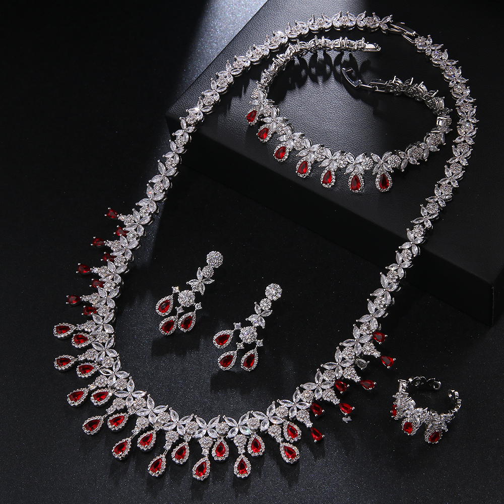 Pins Brooches AMC 4 Pcs Brilliant Cubic Zirconia Necklace Set Earrings Ring CZ Light Drop Bridal Wedding Jewelry Sets 230619