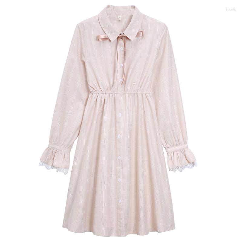 Casual Dresses Arrival Spring Autumn Women Clothing Turn-Down Collar Ribbon Apricot Plaid Dress Mori Girl Flare Sleeve Elegant Shirt