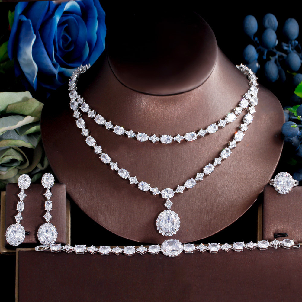 Pins Brooches ThreeGraces 4pcs Elegant Geometric Cubic Zirconia Bohemian Two Layers Necklace Bridal Wedding Party Jewelry Set for Women TZ721 230619