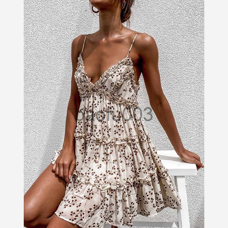 Casual Dresses Spaghetti Strap Floral Sundress Women Lace Trim Mini A-Line Dress Summer Prairie Chic Lady Flared Ruffled Short Dress Summer J230619
