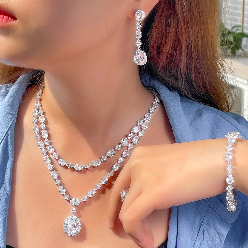 Pins Brooches ThreeGraces 4pcs Elegant Geometric Cubic Zirconia Bohemian Two Layers Necklace Bridal Wedding Party Jewelry Set for Women TZ721 230619