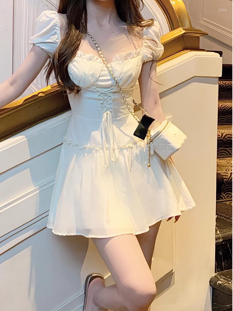 Casual Dresses 2023 Summer Pure Color Y2k Mini Dress Women Fairy Puff Sleeve Short Party Korean Fashion Elegant Female Chic