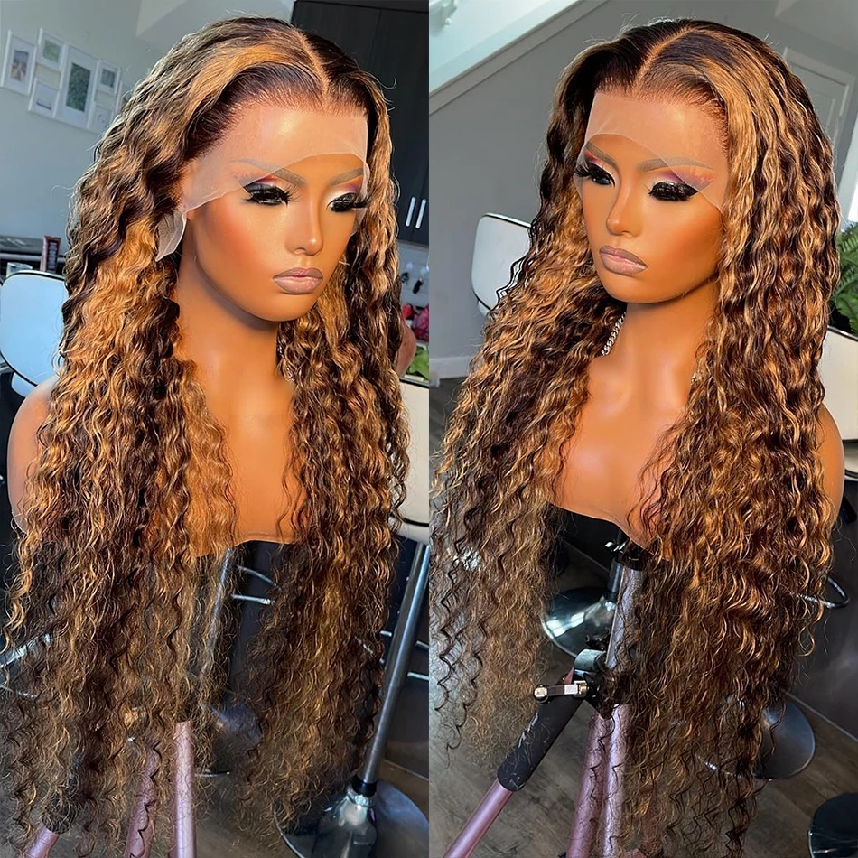 Honey Blonde Deep Curly Lace Front Wig for Black Women Brazilian Human Hair Highlight Curly 13x4 Frontal Wig HD Transparent Synthetic