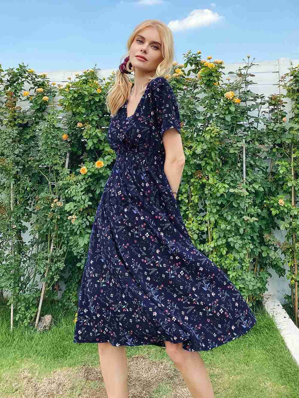 Casual Dresses Elegant Printed Casual Beach Midi Dresses Women Summer V-neck Short Sleeve Empire Waist A-Line Dress Sundress Vestido Robes 9966 J23061