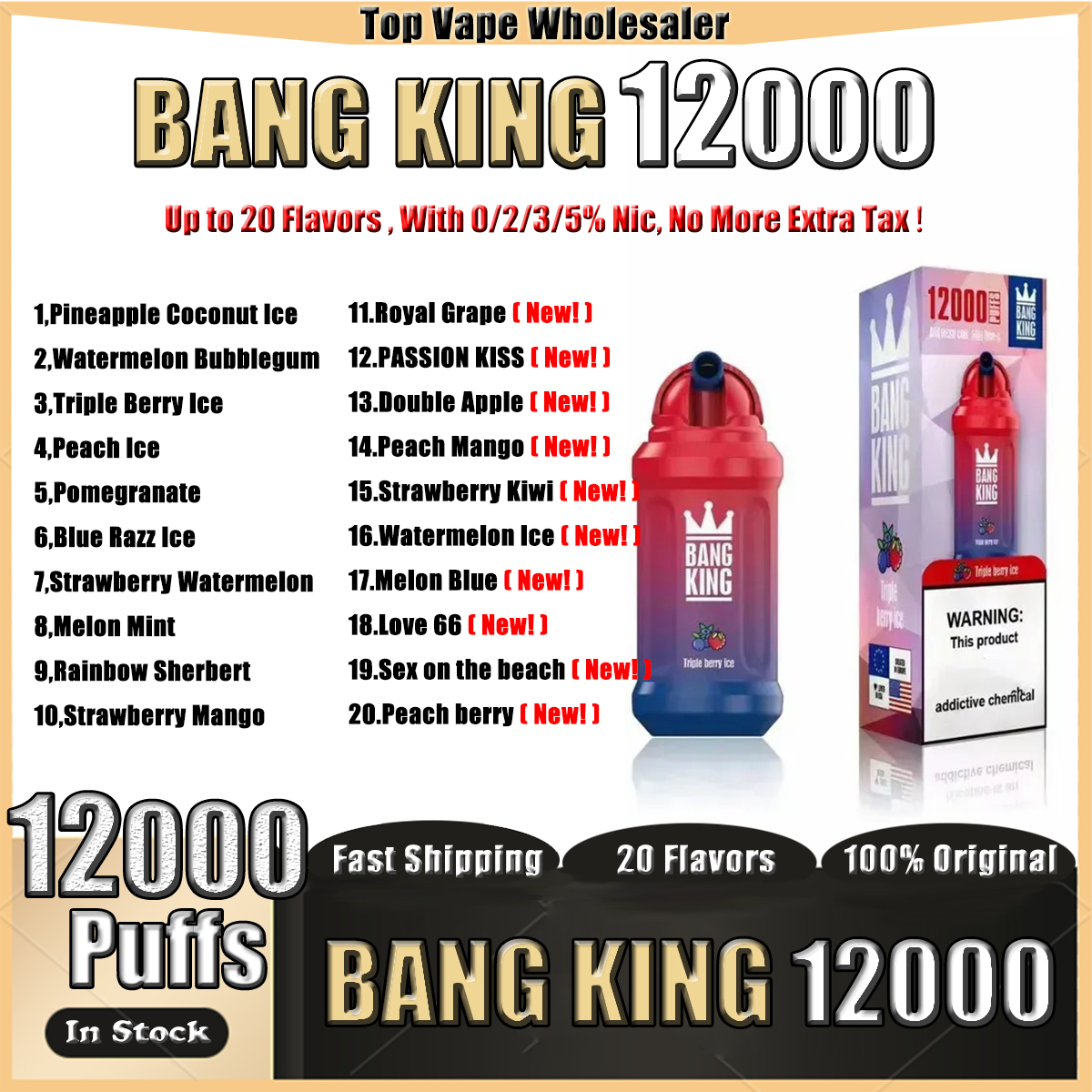 Original Bang King 12000 Puffs E Cigarettes Device Rechargeable Mesh Coil Disposable Vape Pen 23ML Per-Filled Pod JODK Bottle Cup Vape Cup VS 9000 RandM 7000
Original Bang King 12000 Puffs E Cigarettes Device Rechargeable Mesh Coil Disposable Vape Pen 23ML Per-Filled Pod JODK Bottle Cup Vape Cup VS 9000 RandM 7000