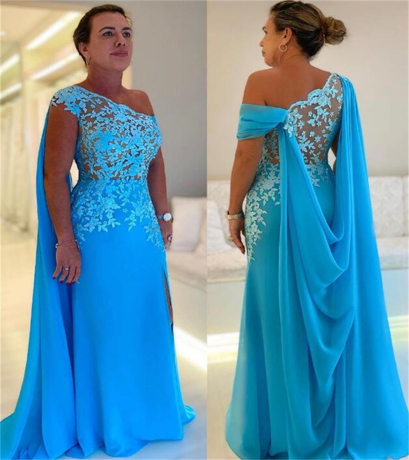 Stunning Blue Mother Of The Bride Dress 2023 Elegant One Shoulder Lace Groom Mom Evening Party Dresses Luxury Arabic Abaya Prom Formal Occasion Party 