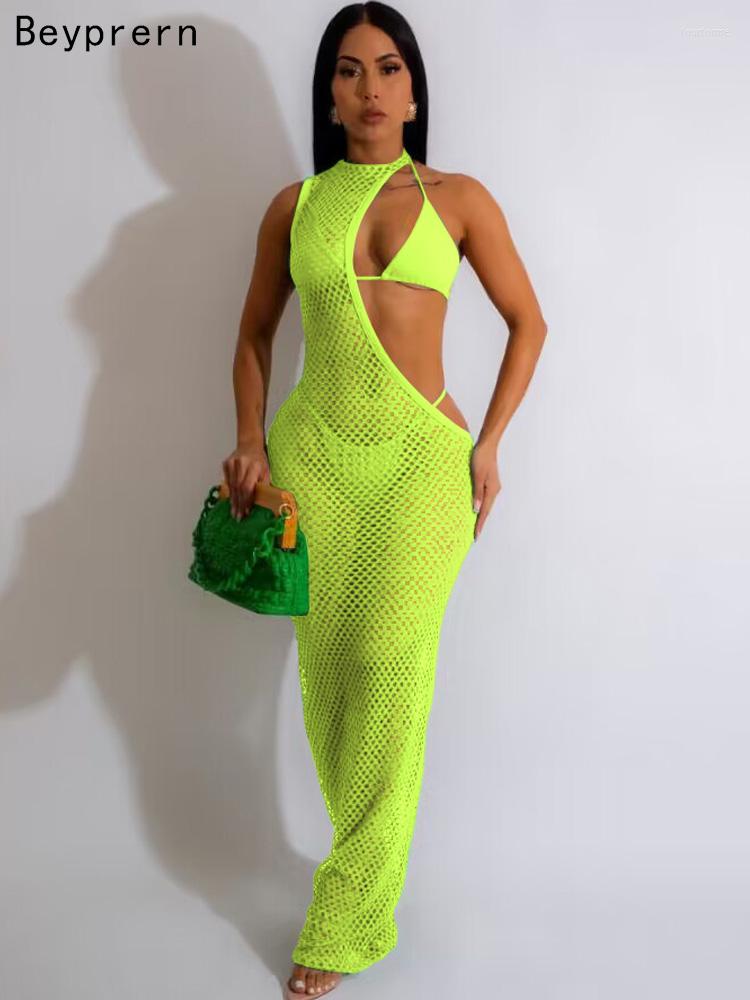 Casual Dresses Beyprern Chic Crochet See-Through Cover-Up Maxi Dress 3 Piece Outfits Beach Bikini Set Swimwear Bathing Suits Woman Swimsuit
