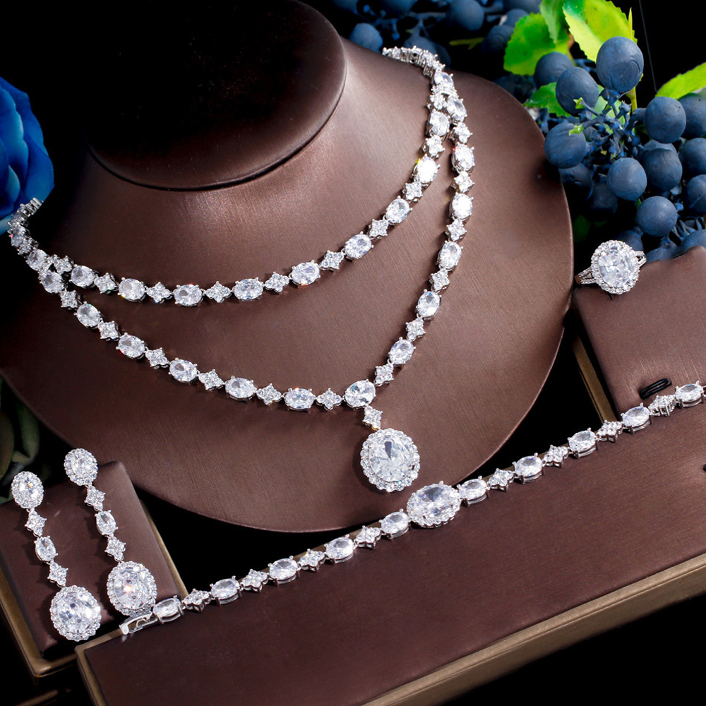 Pins Brooches ThreeGraces 4pcs Elegant Geometric Cubic Zirconia Bohemian Two Layers Necklace Bridal Wedding Party Jewelry Set for Women TZ721 230619