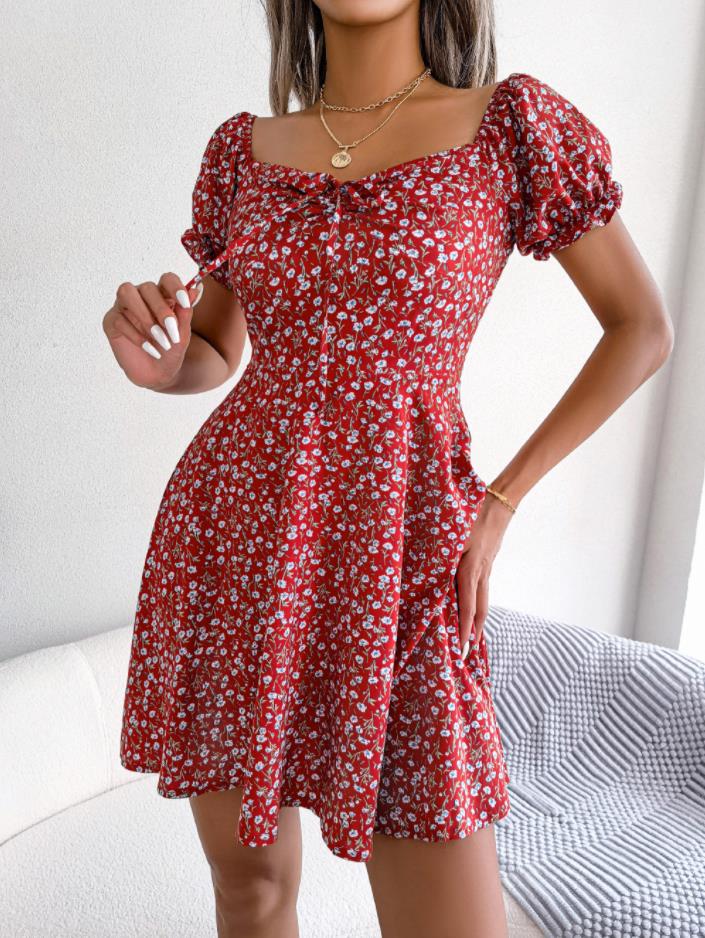 Designer New Fashion Women Casual Dresses Ruffles Short Sleeve Floral Print A Line Dress