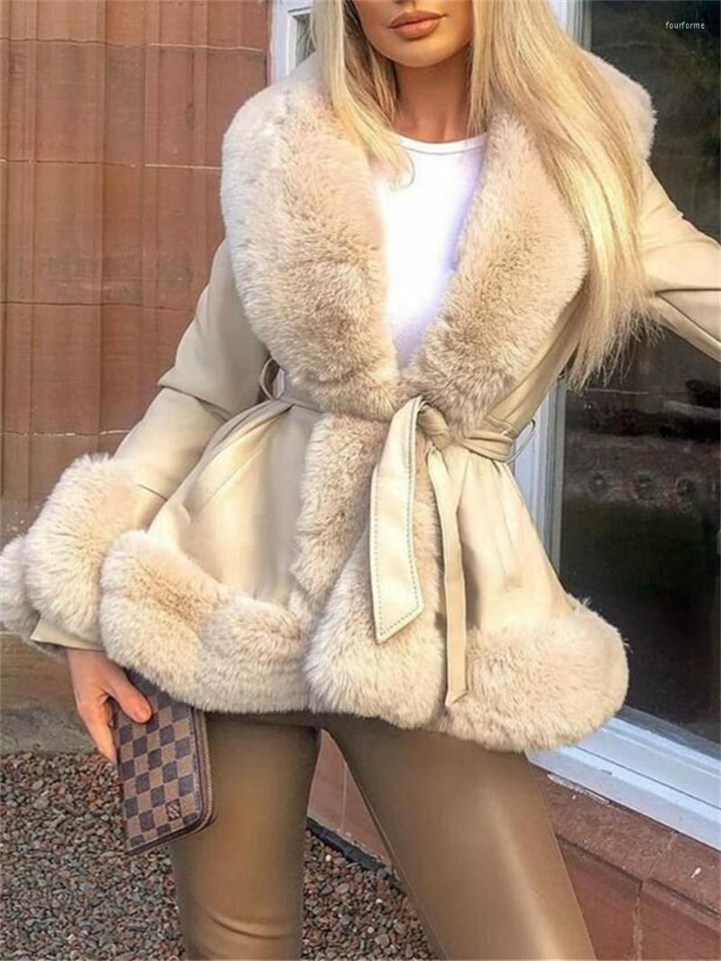 Women's Patchwork PU Leather Jacket Fur Trim Collar Warm Winter Cardigan With Belt - Khaki, Beige, Black B4
