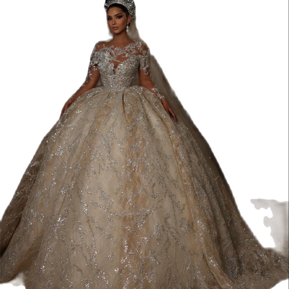 Ful Wedding Dresses For Women Champagne Glitter Sequins Appliques Long Sleeve Bride Gowns Ball Gown Robe De Mariee