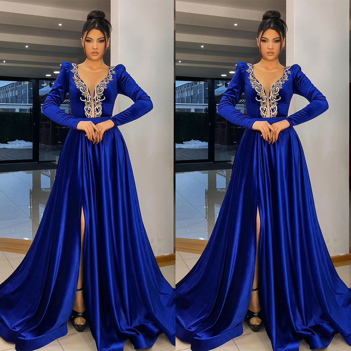 Royal Blue Velvet Mermaid Evening Dress Gold Beading Sheer Neck Long Sleeve Prom Gowns Side Split Special Occasion Dresses