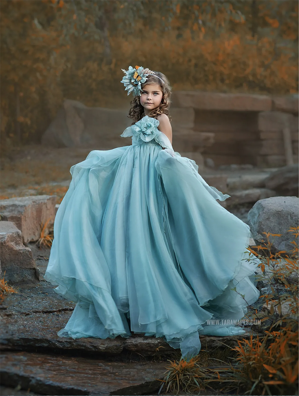 Light Sky Blue Boho Flower Girl Dresses Floral Kids Birthday Pageant Gowns For Photoshoot Tulle First Communion Dress