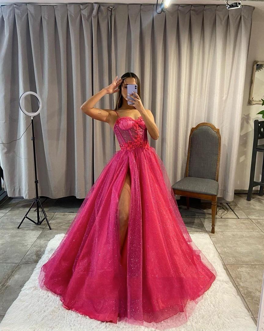 Sexy Rosy Pink Prom Dresses Spaghetti Bone Bodice Glitter Party Evening Gowns Split Formal Long Special Ocn Dress 0516