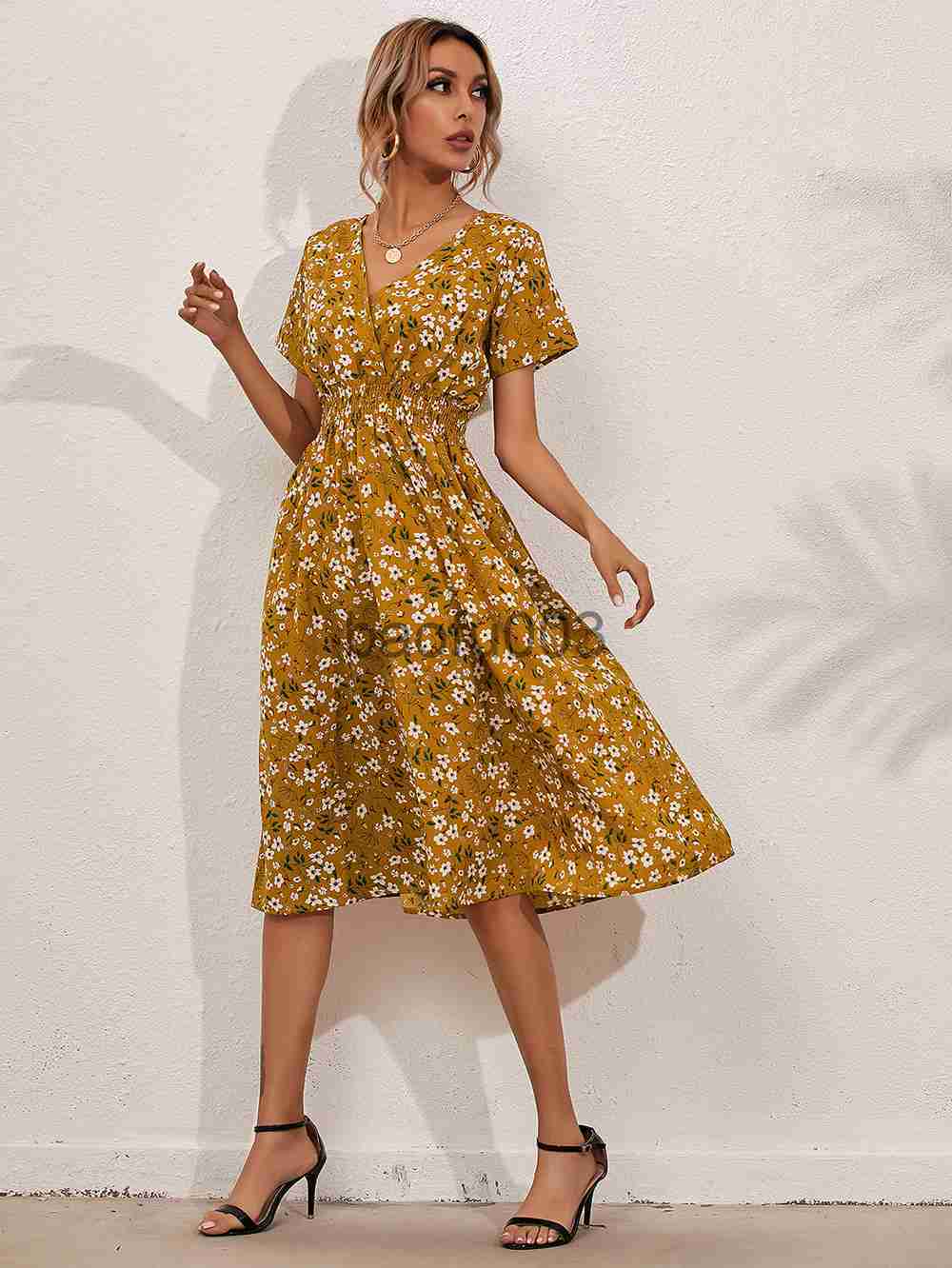 Casual Dresses Elegant Printed Casual Beach Midi Dresses Women Summer V-neck Short Sleeve Empire Waist A-Line Dress Sundress Vestido Robes 9966 J23061