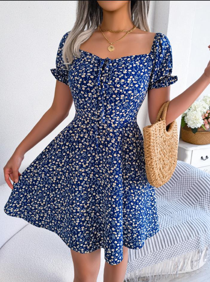 Designer New Fashion Women Casual Dresses Ruffles Short Sleeve Floral Print A Line Dress