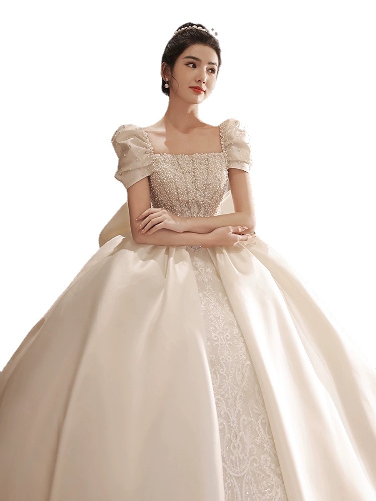 Arabic Dubai Women's Wedding Dress 2023 Square Neck Short Sleeves Pearls Big Bow Satin Puffy Princess Bridal Gown Vestidos De Novia Hot